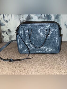 Patricia Nash Safflower Blue Tooled Leather Satchel Crossbody P865244 EUC